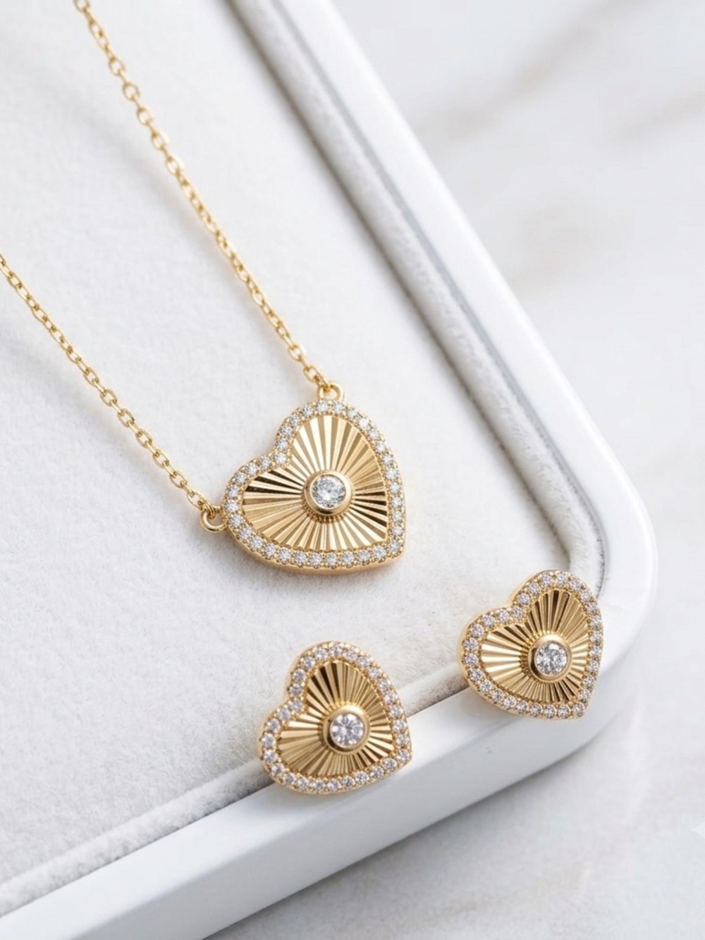 Gold Heart Sunburst Pendant Necklace and Stud Earrings Set